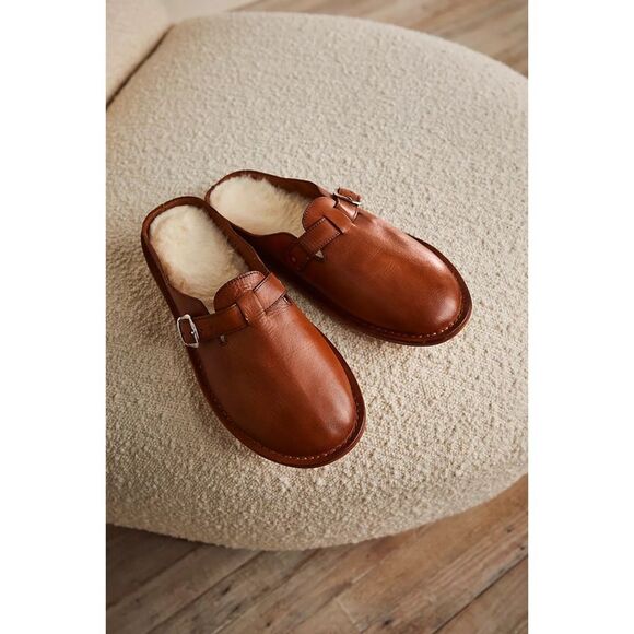 Free People Benson Dual Insert Leather Buckle Mules Clogs Slip Ons Faux Fur Tan - Picture 1 of 5